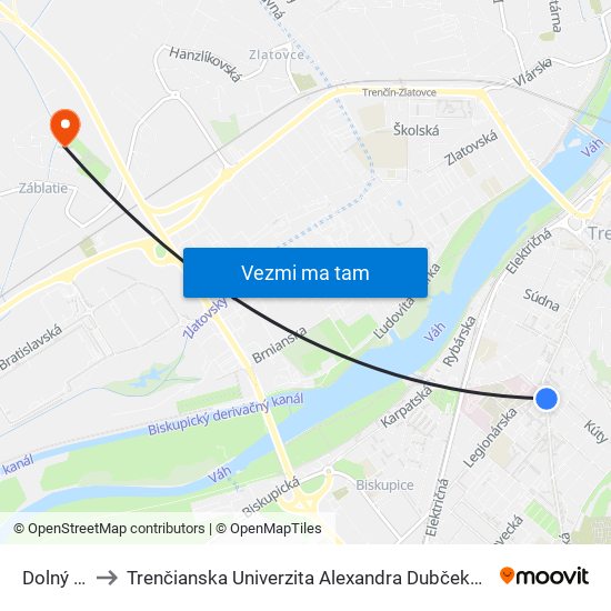 Dolný Šianec to Trenčianska Univerzita Alexandra Dubčeka - Fakulta Špeciálnej Techniky map