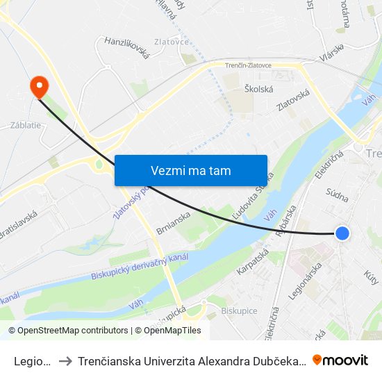 Legionárska to Trenčianska Univerzita Alexandra Dubčeka - Fakulta Špeciálnej Techniky map