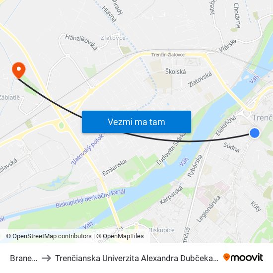 Braneckého to Trenčianska Univerzita Alexandra Dubčeka - Fakulta Špeciálnej Techniky map