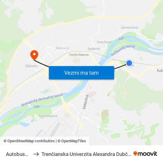 Autobusová Stanica to Trenčianska Univerzita Alexandra Dubčeka - Fakulta Špeciálnej Techniky map