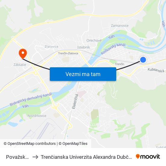 Považská, Kotolňa to Trenčianska Univerzita Alexandra Dubčeka - Fakulta Špeciálnej Techniky map