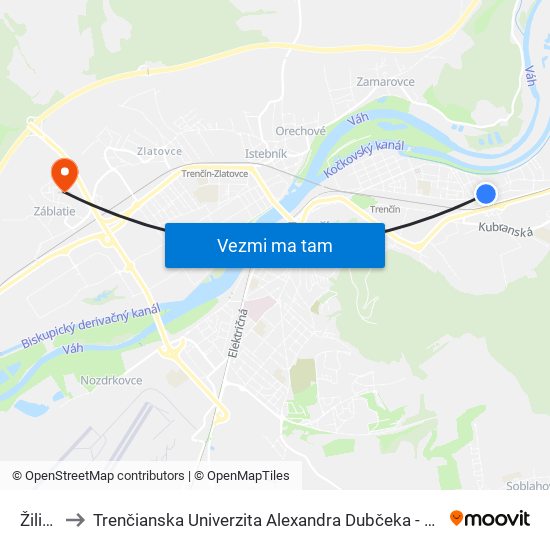 Žilinská to Trenčianska Univerzita Alexandra Dubčeka - Fakulta Špeciálnej Techniky map