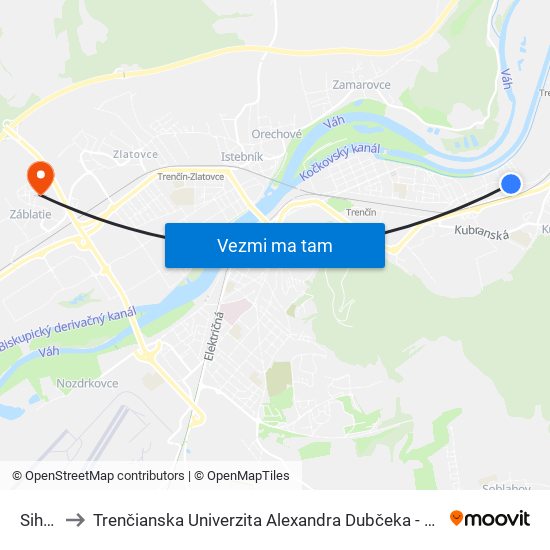 Sihoť IV to Trenčianska Univerzita Alexandra Dubčeka - Fakulta Špeciálnej Techniky map