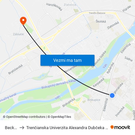 Beckovská to Trenčianska Univerzita Alexandra Dubčeka - Fakulta Špeciálnej Techniky map