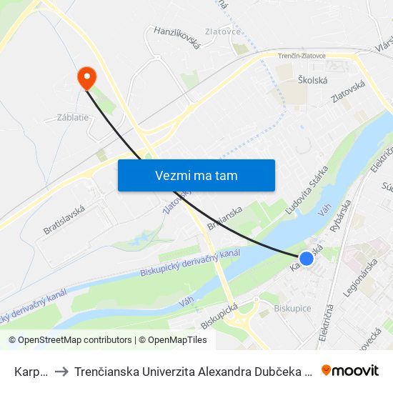 Karpatská to Trenčianska Univerzita Alexandra Dubčeka - Fakulta Špeciálnej Techniky map