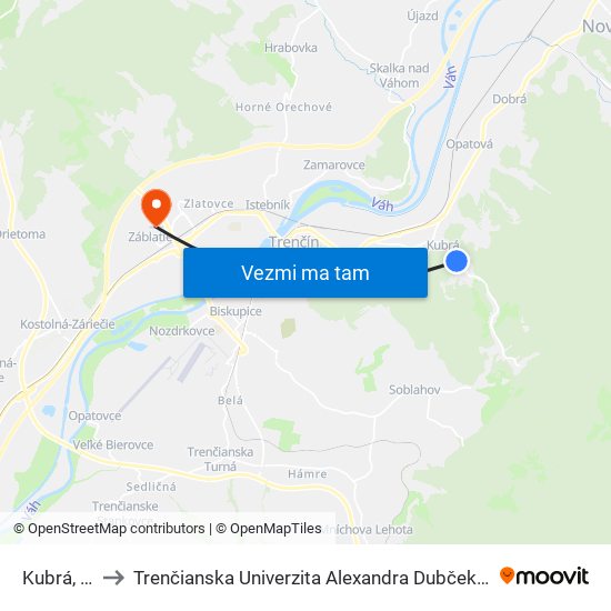 Kubrá, Dubová to Trenčianska Univerzita Alexandra Dubčeka - Fakulta Špeciálnej Techniky map