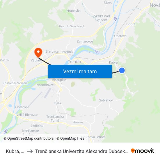 Kubrá, Kyselka to Trenčianska Univerzita Alexandra Dubčeka - Fakulta Špeciálnej Techniky map