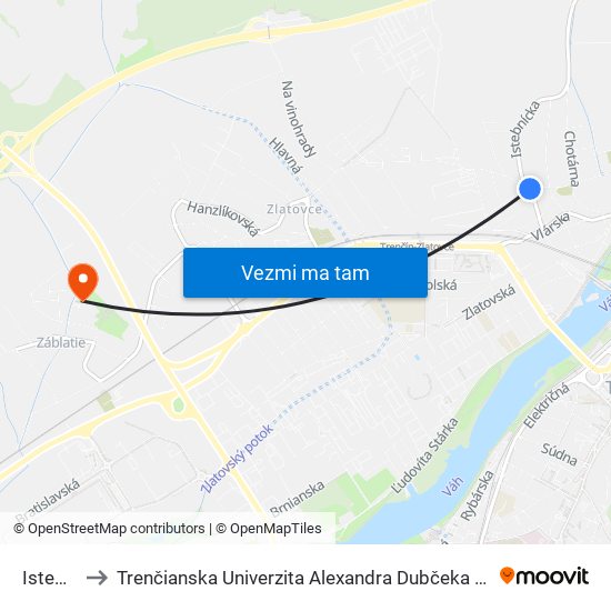 Istebnícka to Trenčianska Univerzita Alexandra Dubčeka - Fakulta Špeciálnej Techniky map