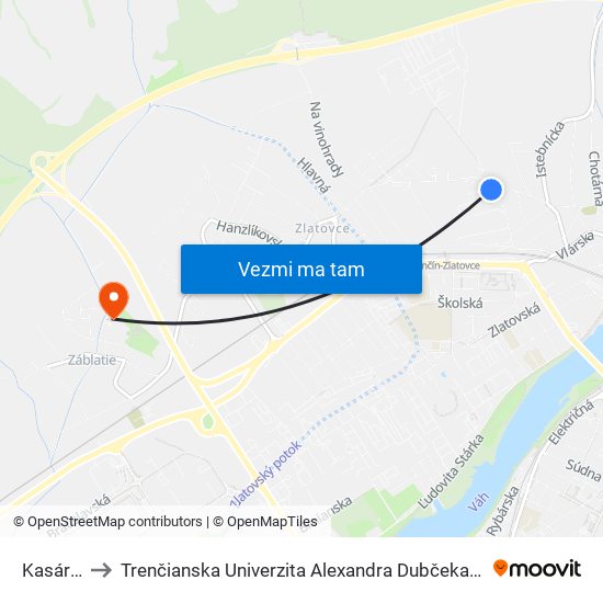 Kasárenská to Trenčianska Univerzita Alexandra Dubčeka - Fakulta Špeciálnej Techniky map