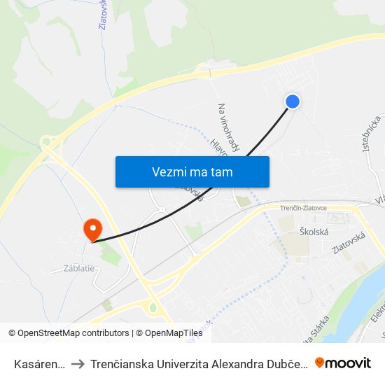 Kasárenská, Vop to Trenčianska Univerzita Alexandra Dubčeka - Fakulta Špeciálnej Techniky map