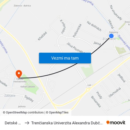 Detské Mestečko to Trenčianska Univerzita Alexandra Dubčeka - Fakulta Špeciálnej Techniky map