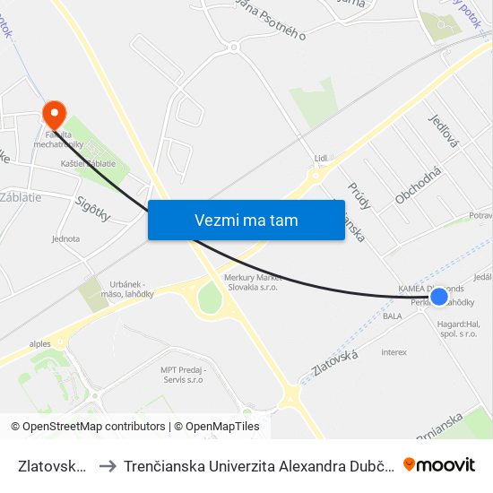 Zlatovská, Vod-Eko to Trenčianska Univerzita Alexandra Dubčeka - Fakulta Špeciálnej Techniky map
