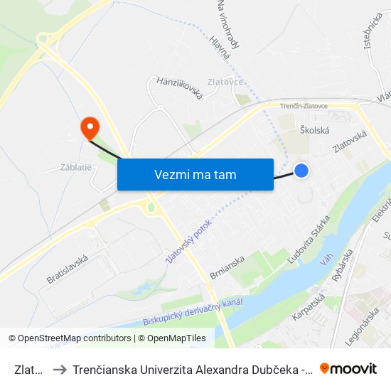 Zlatovská to Trenčianska Univerzita Alexandra Dubčeka - Fakulta Špeciálnej Techniky map