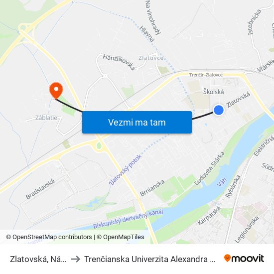 Zlatovská, Nákupné Stredisko to Trenčianska Univerzita Alexandra Dubčeka - Fakulta Špeciálnej Techniky map