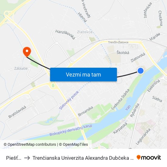 Piešťanská to Trenčianska Univerzita Alexandra Dubčeka - Fakulta Špeciálnej Techniky map