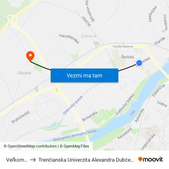 Veľkomoravská to Trenčianska Univerzita Alexandra Dubčeka - Fakulta Špeciálnej Techniky map