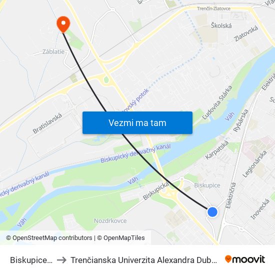 Biskupice, Námestie to Trenčianska Univerzita Alexandra Dubčeka - Fakulta Špeciálnej Techniky map