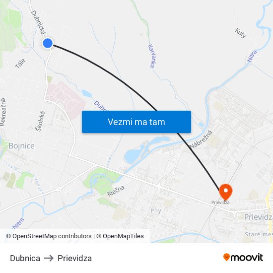 Dubnica to Prievidza map