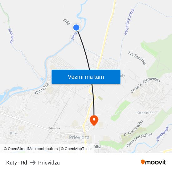 Kúty - Rd to Prievidza map