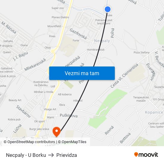 Necpaly - U Borku to Prievidza map