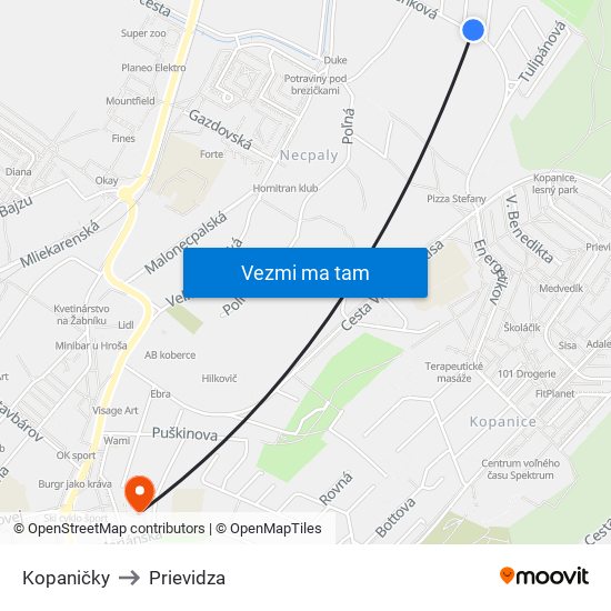 Kopaničky to Prievidza map