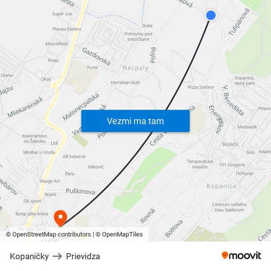 Kopaničky to Prievidza map