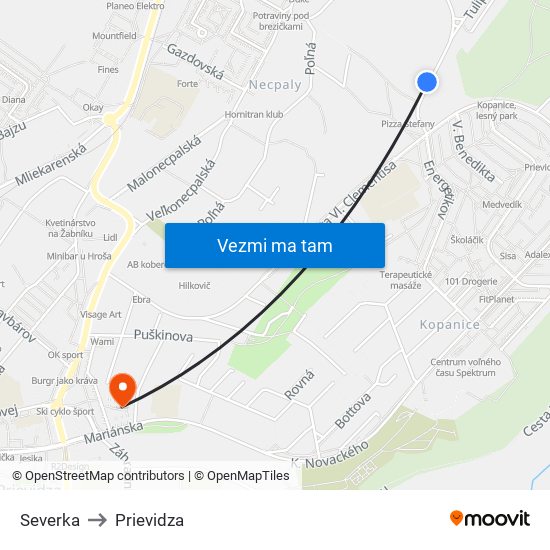 Severka to Prievidza map