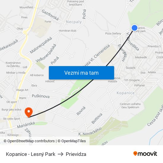 Kopanice - Lesný Park to Prievidza map