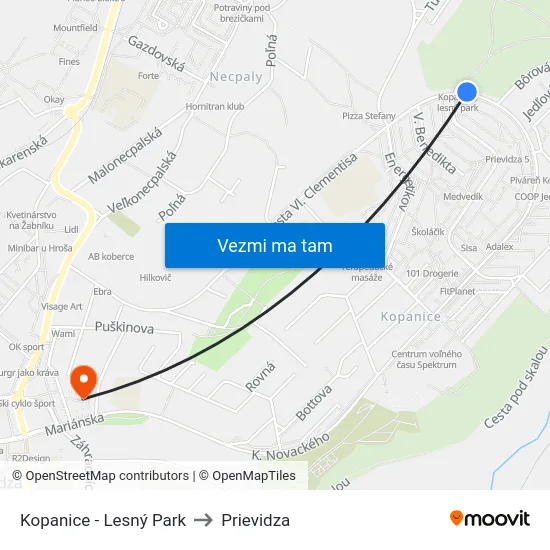 Kopanice - Lesný Park to Prievidza map