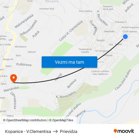 Kopanice - V.Clementisa to Prievidza map