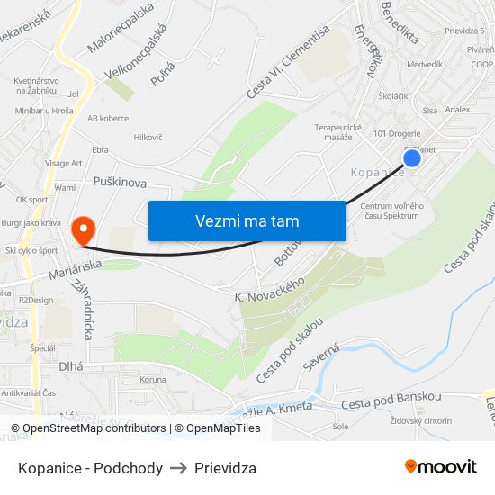 Kopanice - Podchody to Prievidza map