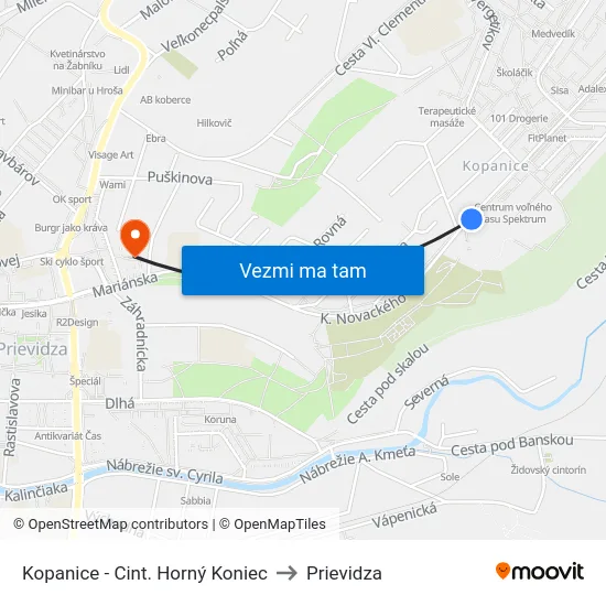 Kopanice - Cint. Horný Koniec to Prievidza map