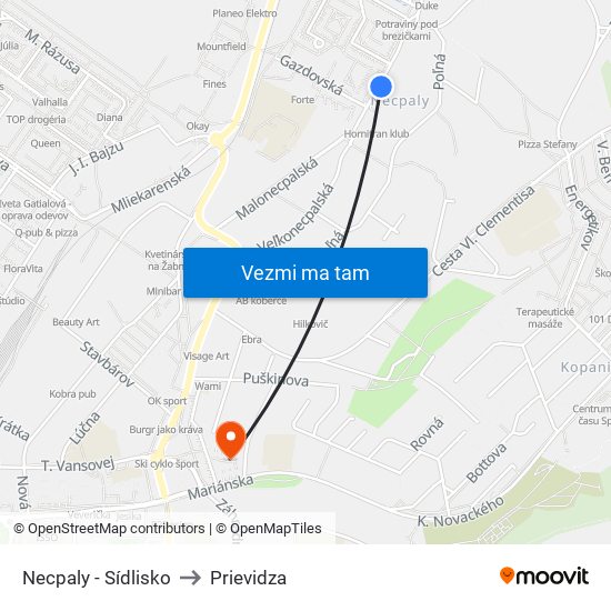 Necpaly - Sídlisko to Prievidza map