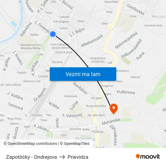 Zapotôčky - Ondrejova to Prievidza map