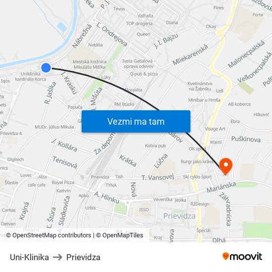 Uni-Klinika to Prievidza map