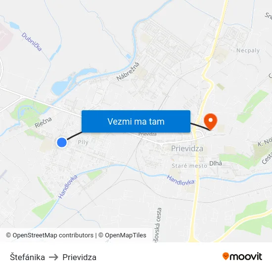 Štefánika to Prievidza map