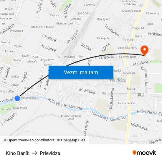 Kino Baník to Prievidza map