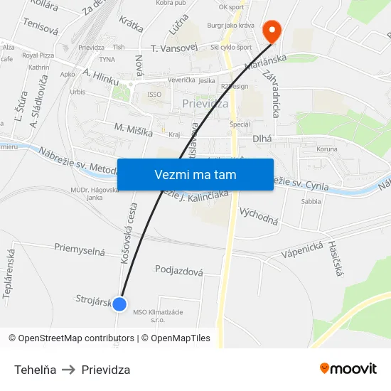 Tehelňa to Prievidza map