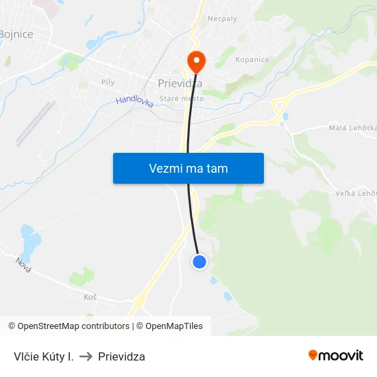 Vlčie Kúty I. to Prievidza map