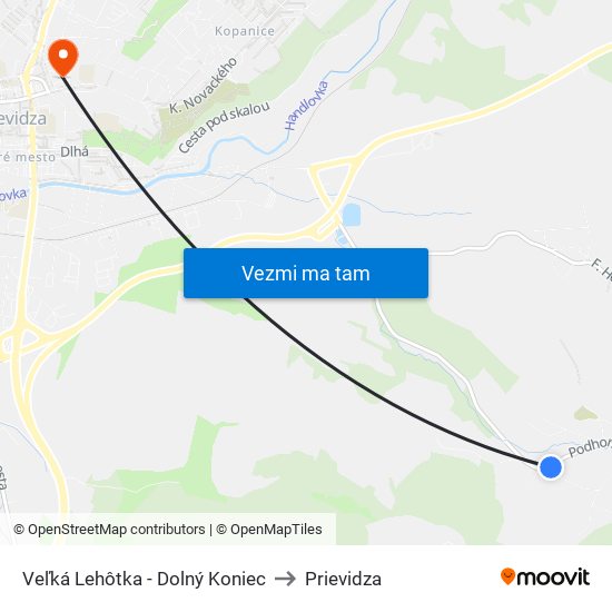 Veľká Lehôtka - Dolný Koniec to Prievidza map