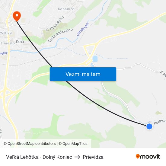 Veľká Lehôtka - Dolný Koniec to Prievidza map