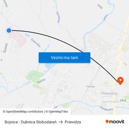 Bojnice - Dubnica Slobodáreň to Prievidza map