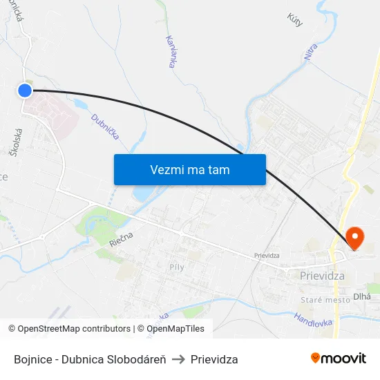 Bojnice - Dubnica Slobodáreň to Prievidza map