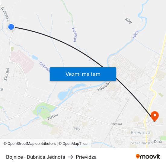 Bojnice - Dubnica Jednota to Prievidza map
