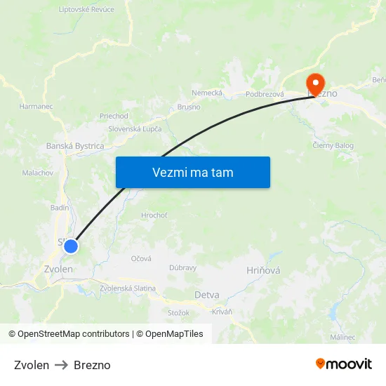 Zvolen to Brezno map
