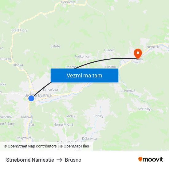 Strieborné Námestie to Brusno map