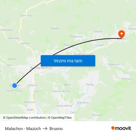 Malachov - Mazúch to Brusno map