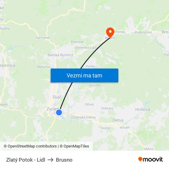 Zlatý Potok - Lidl to Brusno map