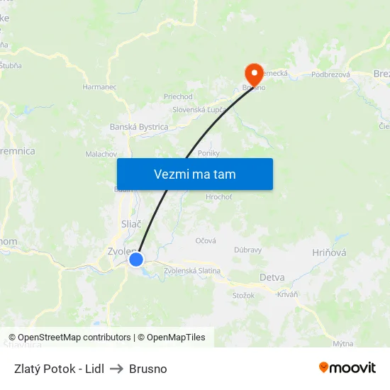 Zlatý Potok - Lidl to Brusno map