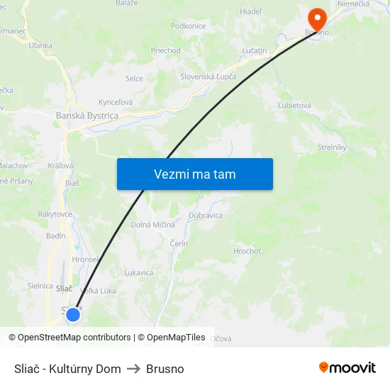 Sliač - Kultúrny Dom to Brusno map